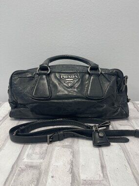 Prada Vintage Crinkled Nappa Leather Top Handle Shoulder Bag in Black - Preowned